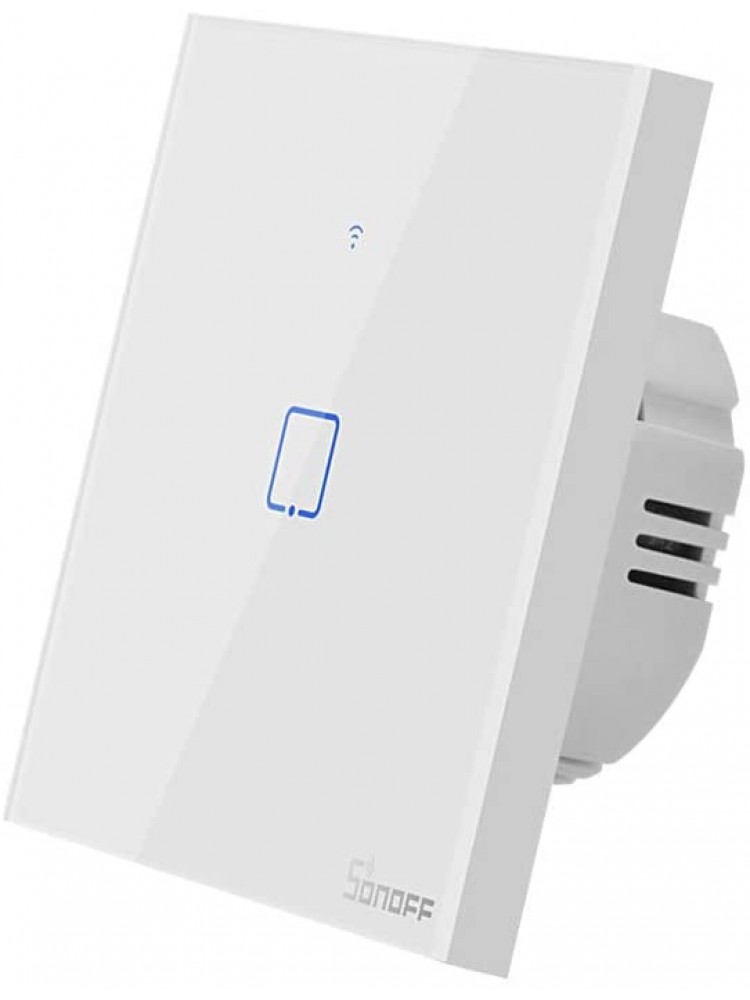 Išmanusis liečiamas sieninis jungiklis SONOFF T2EU1C-TX, 1 kanalo, 480W, 230VAC, valdomas liečiamu mygtuku, programėle, Wi-Fi, galimybė  valdyti SONOFF pulteliu