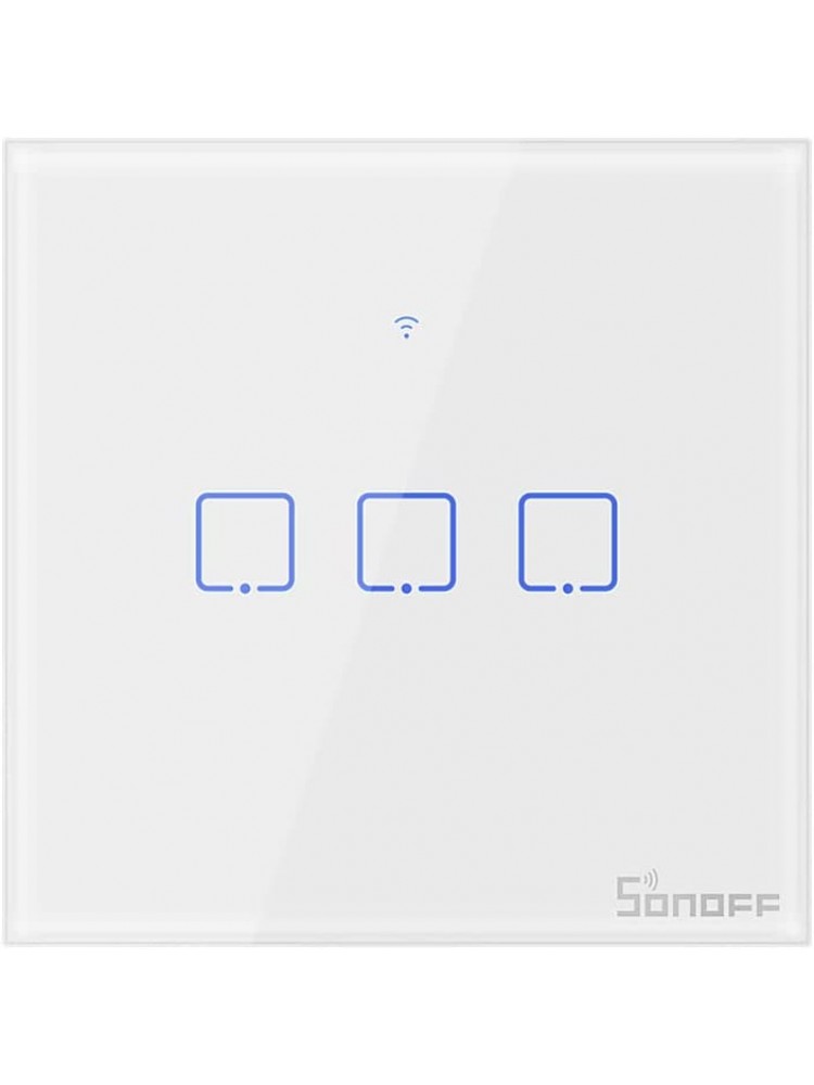 Išmanusis liečiamas sieninis jungiklis SONOFF T0EU3C-TX, 3 kanalų, 240W/kanalui, 720W/viso, 230VAC, valdomas liečiamu mygtuku, programėle, Wi-Fi