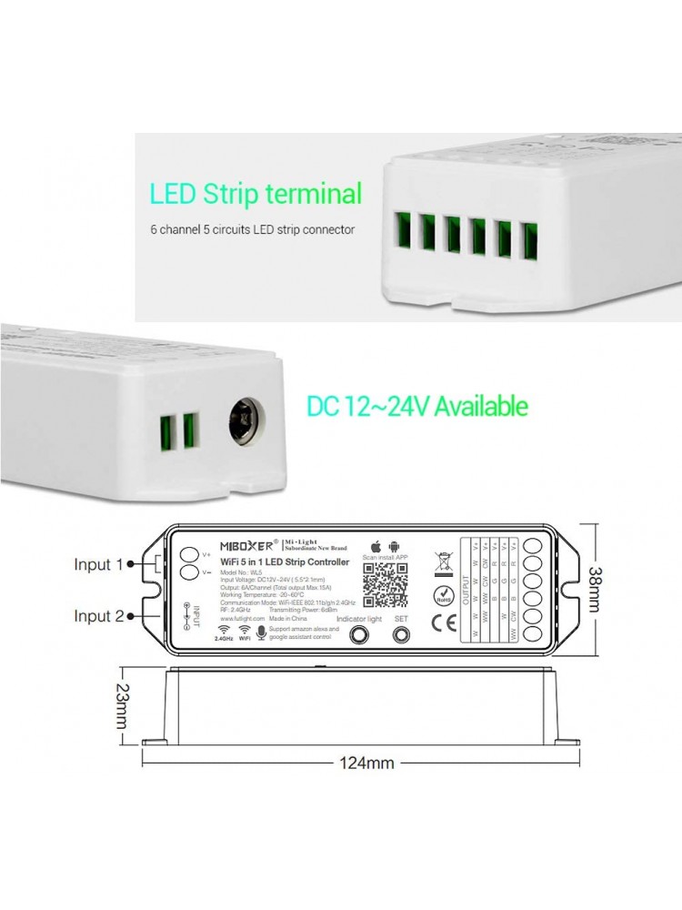 LED RGB+CCT  daugiafunkcinis išmanusis LED juostų valdiklis, valdomas nuotoliniu RF pulteliu, programėle, WIFI